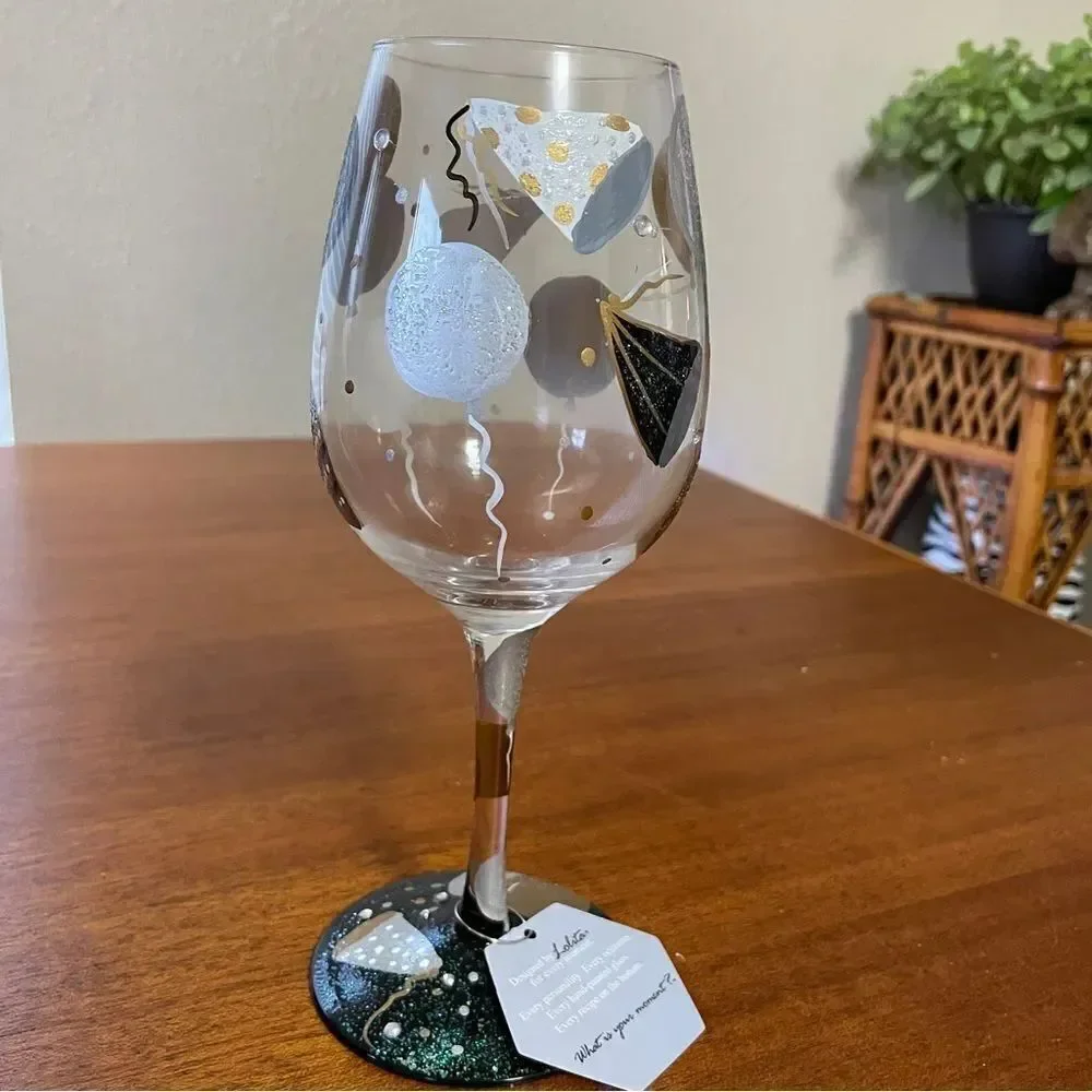 NIB Lolita “Celebration” Hand Painted Wine Glass Silver Black Gold